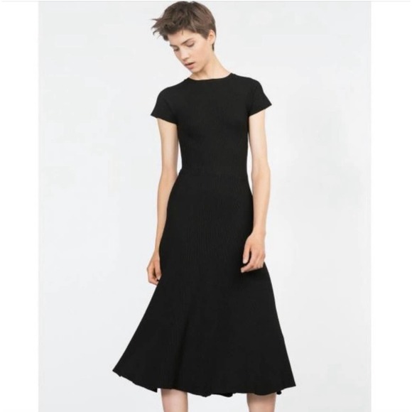 ZARA Fit & Flare Midi Dress Short Sleeve Rib Knit Maxi - Picture 2 of 12